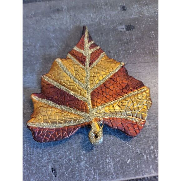 Striped Brown Leaf fall glitter ornament Xmas decor - Picture 3 of 3